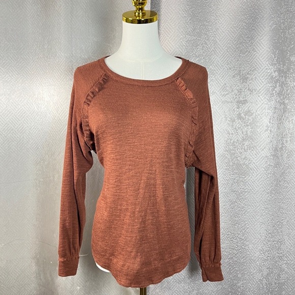 Pilcro and the Letterpress Tops - Pilcro Anthropologie Rust Brown Ruffle Raglan Long Sleeve Top OB1278691 XXS
